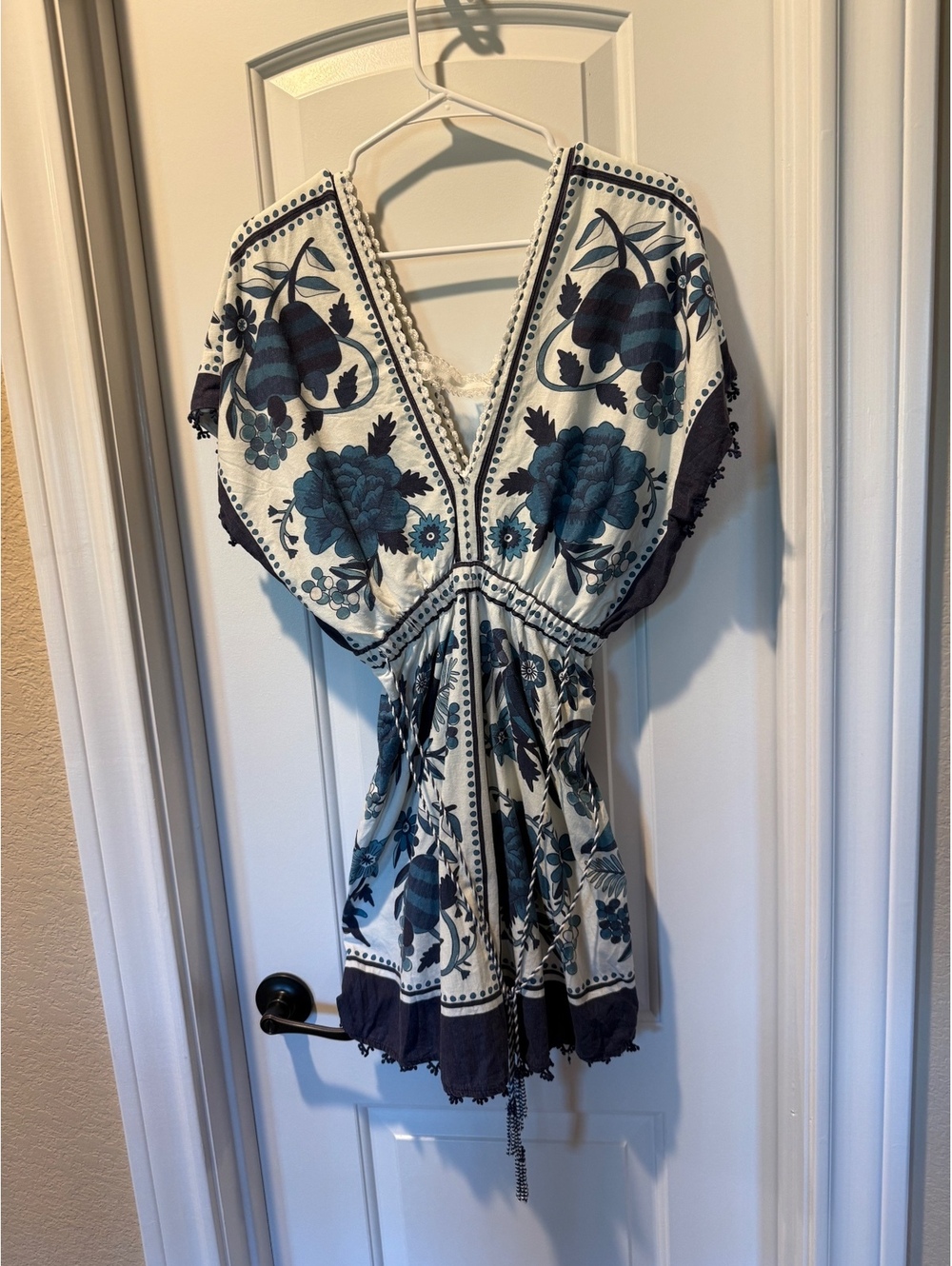 FARM Rio Blue Ivory Floral Print Tassel Tie Mini Dress Tunic Size Small